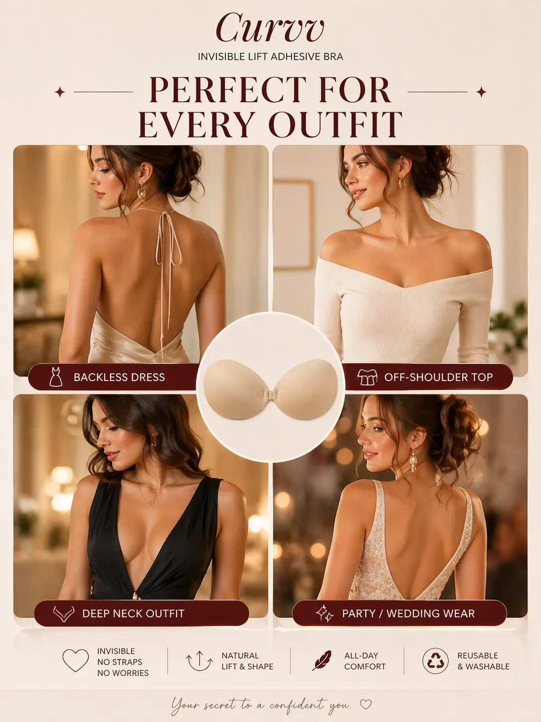 Invisible Lift Adhesive Bra | Strapless (Reusable)