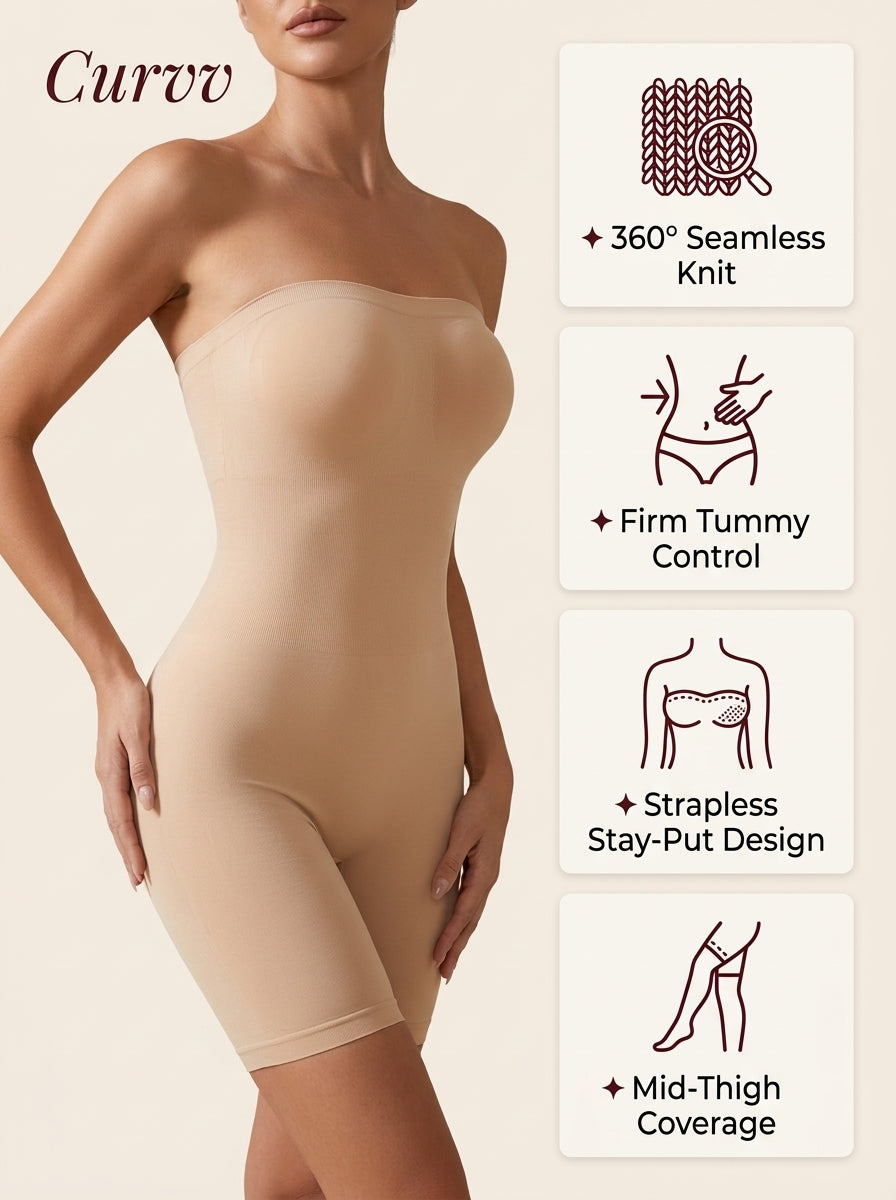 Seamless Strapless Bodysuit Shapewear | Tummy Control Tube with Mid-Thigh Coverage